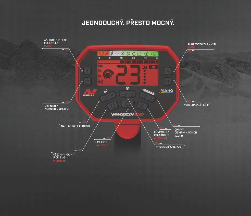 Popis displeje detektoru Minelab Vanquish